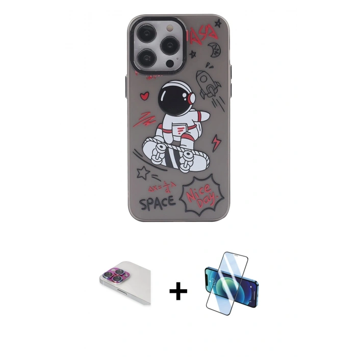 MARSİLYAN™- iPhone 13 Pro Max Kılıf Zirve Form Özel Seri - Siyah 3D Antistatik Cam Ekran Koruyucu + Pers Alüminyum Kamera Lens - GI