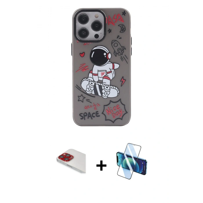 MARSİLYAN™- iPhone 13 Pro Max Kılıf Zirve Form Özel Seri - Siyah 3D Antistatik Cam Ekran Koruyucu + Pers Alüminyum Kamera Lens - KI