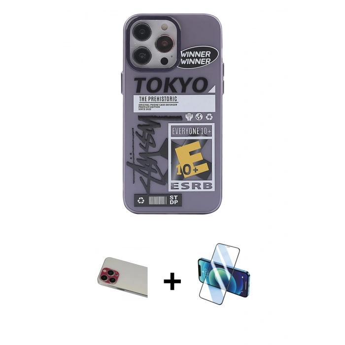 MARSİLYAN™- iPhone 13 Pro Max Kılıf Zirve Form Özel Seri - Siyah 3D Antistatik Cam Ekran Koruyucu + Rainbow Kamera Lens Koruma Cam - KI