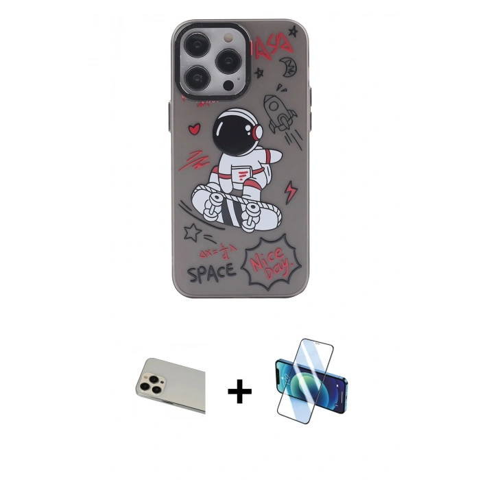 MARSİLYAN™- iPhone 13 Pro Max Kılıf Zirve Form Özel Seri - Siyah 3D Antistatik Cam Ekran Koruyucu + Rainbow Kamera Lens Koruma Cam - REGD