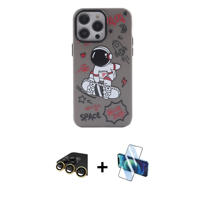 MARSİLYAN™- iPhone 13 Pro Max Kılıf Zirve Form Özel Seri - Siyah 3D Antistatik Cam Ekran Koruyucu + Raze Metal Kamera Lens - GD