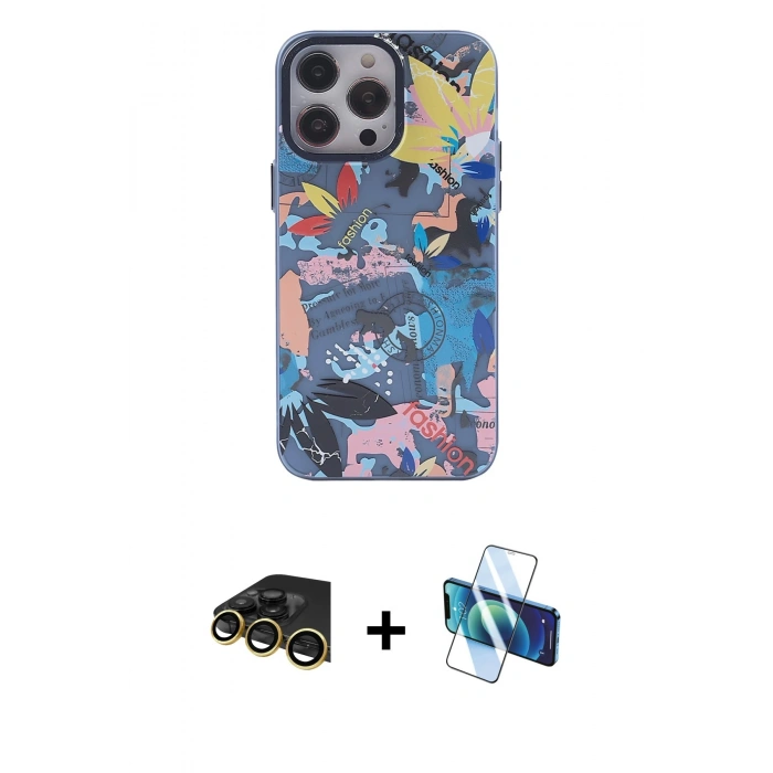 MARSİLYAN™- iPhone 13 Pro Max Kılıf Zirve Form Özel Seri - Siyah 3D Antistatik Cam Ekran Koruyucu + Raze Metal Kamera Lens - GD