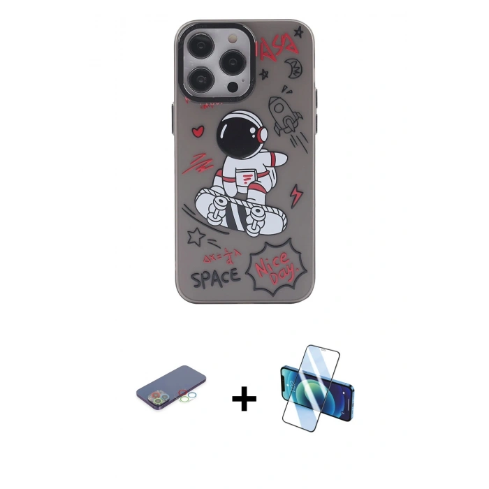 MARSİLYAN™- iPhone 13 Pro Max Kılıf Zirve Form Özel Seri - Siyah 3D Antistatik Cam Ekran Koruyucu + Renkli Kamera Lens Koruma Cam - MI