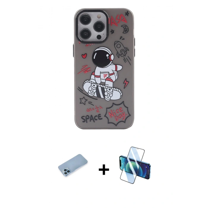 MARSİLYAN™- iPhone 13 Pro Max Kılıf Zirve Form Özel Seri - Siyah 3D Antistatik Cam Ekran Koruyucu + Shine Kamera Lens Koruma Cam - MI