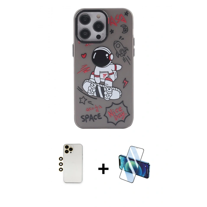 MARSİLYAN™- iPhone 13 Pro Max Kılıf Zirve Form Özel Seri - Siyah 3D Antistatik Cam Ekran Koruyucu + Shine Kamera Lens - GD