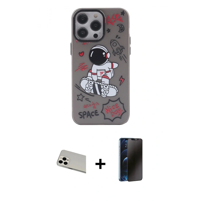MARSİLYAN™- iPhone 13 Pro Max Kılıf Zirve Form Özel Seri - Siyah 3D Antistatik Hayalet Cam Ekran Koruyucu + Beyaz Rainbow Kamera Lens Koruma Cam