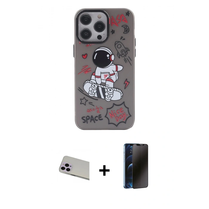 MARSİLYAN™- iPhone 13 Pro Max Kılıf Zirve Form Özel Seri - Siyah 3D Antistatik Hayalet Cam Ekran Koruyucu + Rainbow Kamera Lens Koruma Cam - MR