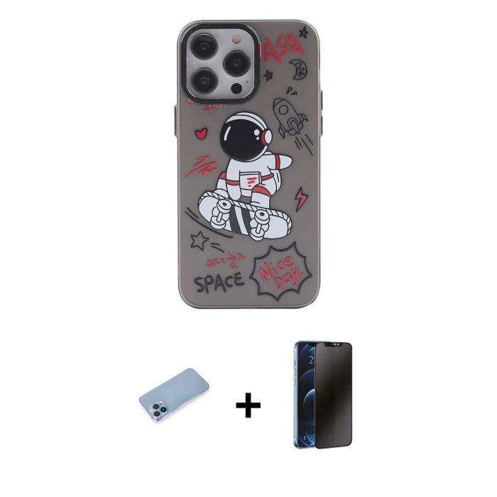MARSİLYAN™- iPhone 13 Pro Max Kılıf Zirve Form Özel Seri - Siyah 3D Antistatik Hayalet Cam Ekran Koruyucu + Shine Kamera Lens Koruma Cam - MI