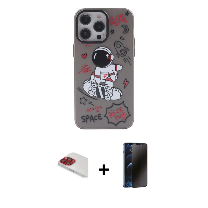 MARSİLYAN™- iPhone 13 Pro Max Kılıf Zirve Form Özel Seri - Siyah 3D Antistatik Hayalet Cam Ekran Koruyucu + Pers Alüminyum Kamera Lens - KI