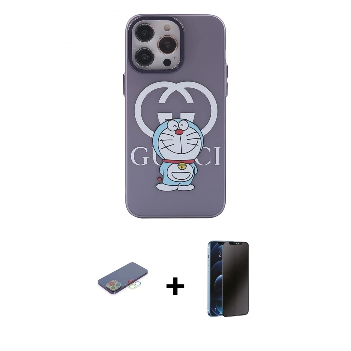 MARSİLYAN™- iPhone 13 Pro Max Kılıf Zirve Form Özel Seri - Siyah 3D Antistatik Hayalet Cam Ekran Koruyucu + Renkli Kamera Lens Koruma Cam - MI
