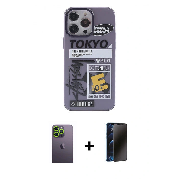 MARSİLYAN™- iPhone 13 Pro Max Kılıf Zirve Form Özel Seri - Siyah 3D Antistatik Hayalet Cam Ekran Koruyucu + Neon Fosforlu Kamera Lens - YL