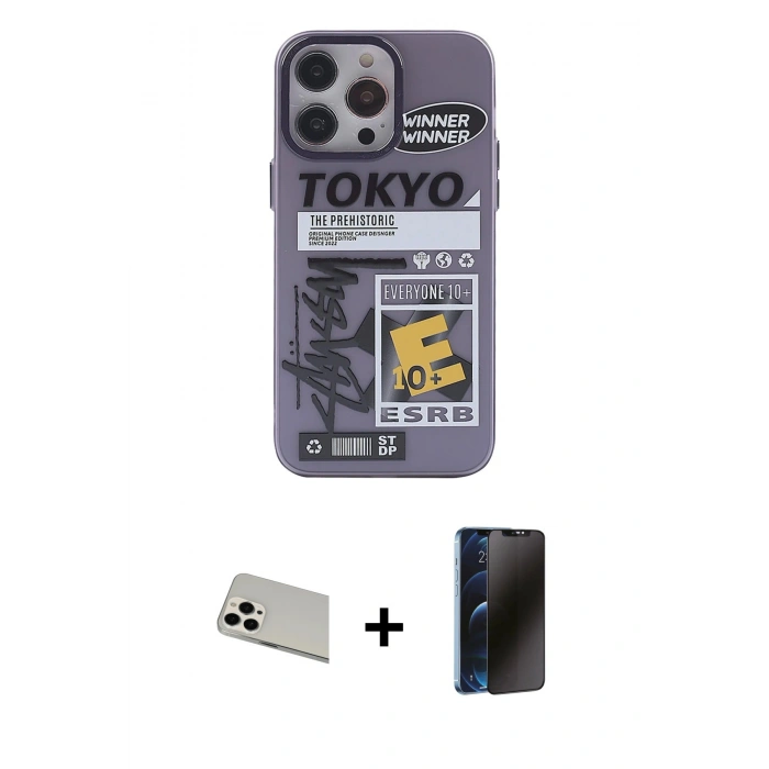 MARSİLYAN™- iPhone 13 Pro Max Kılıf Zirve Form Özel Seri - Siyah 3D Antistatik Hayalet Cam Ekran Koruyucu + Beyaz Rainbow Kamera Lens Koruma Cam
