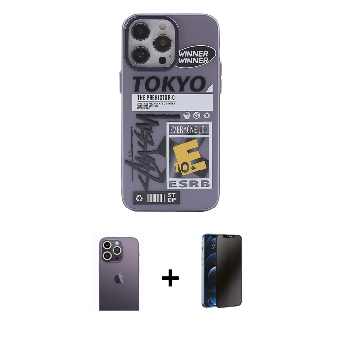 MARSİLYAN™- iPhone 13 Pro Max Kılıf Zirve Form Özel Seri - Siyah 3D Antistatik Hayalet Cam Ekran Koruyucu + Neon Fosforlu Kamera Lens - BZ