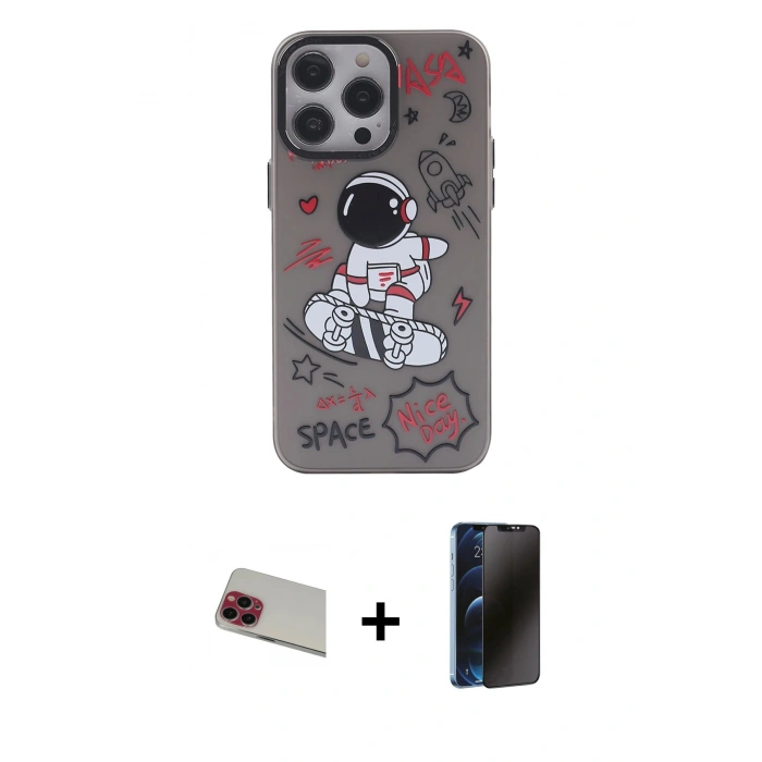 MARSİLYAN™- iPhone 13 Pro Max Kılıf Zirve Form Özel Seri - Siyah 3D Antistatik Hayalet Cam Ekran Koruyucu + Rainbow Kamera Lens Koruma Cam - KI