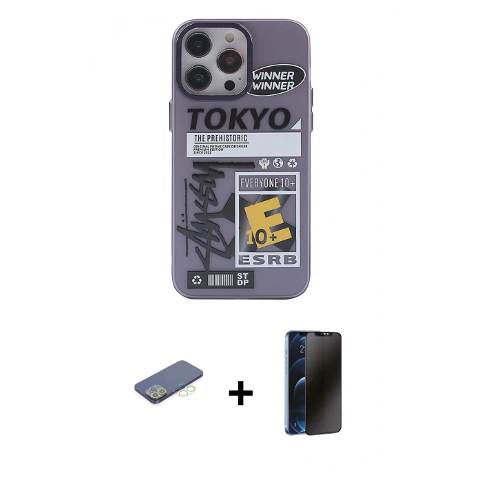 MARSİLYAN™- iPhone 13 Pro Max Kılıf Zirve Form Özel Seri - Siyah 3D Antistatik Hayalet Cam Ekran Koruyucu + Renkli Kamera Lens Koruma Cam - YL
