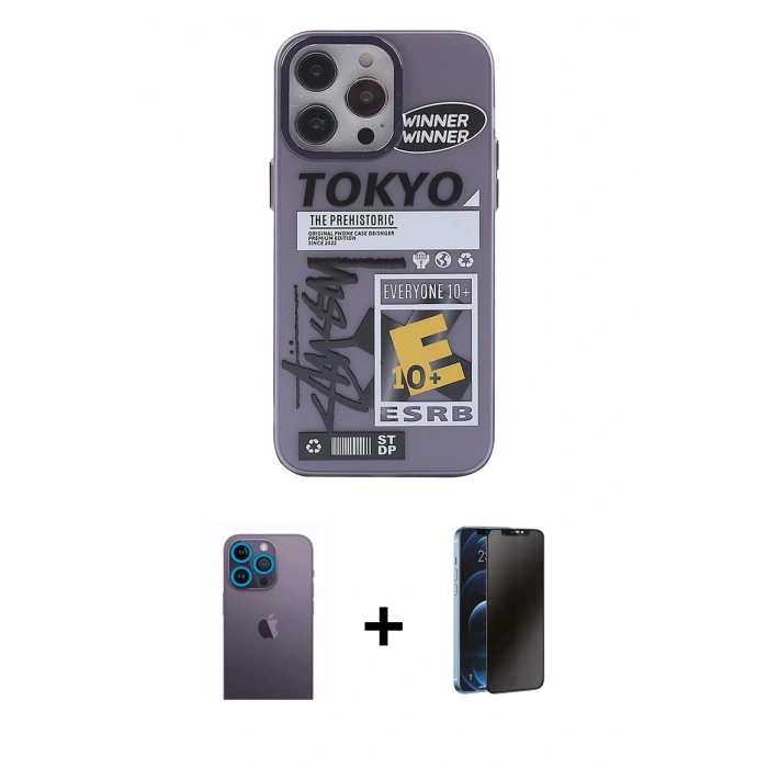 MARSİLYAN™- iPhone 13 Pro Max Kılıf Zirve Form Özel Seri - Siyah 3D Antistatik Hayalet Cam Ekran Koruyucu + Neon Fosforlu Kamera Lens - MI