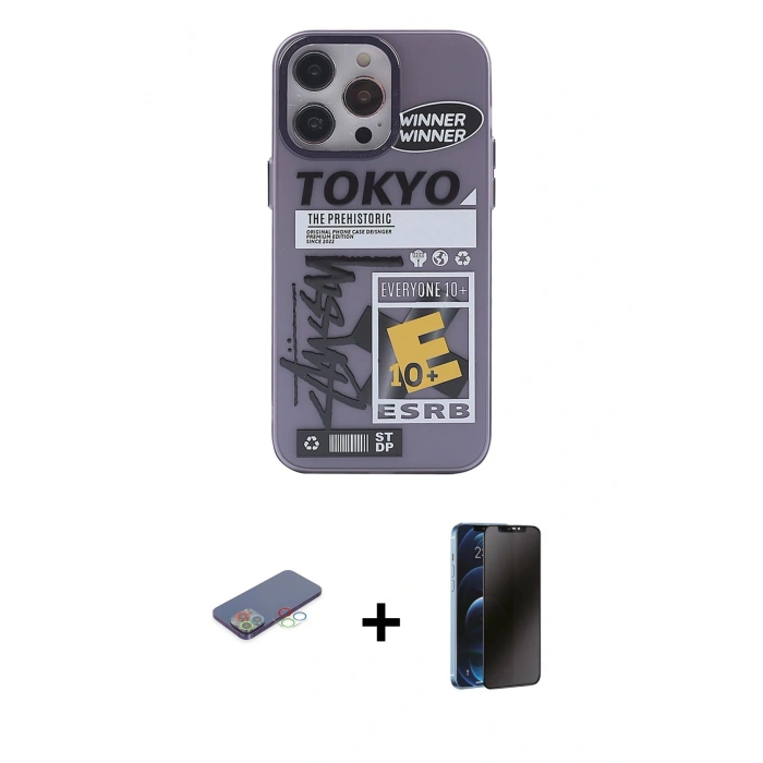 MARSİLYAN™- iPhone 13 Pro Max Kılıf Zirve Form Özel Seri - Siyah 3D Antistatik Hayalet Cam Ekran Koruyucu + Renkli Kamera Lens Koruma Cam - MI