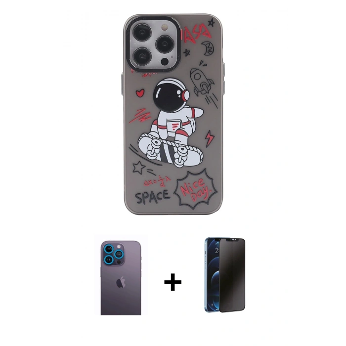 MARSİLYAN™- iPhone 13 Pro Max Kılıf Zirve Form Özel Seri - Siyah 3D Antistatik Hayalet Cam Ekran Koruyucu + Neon Fosforlu Kamera Lens - MI