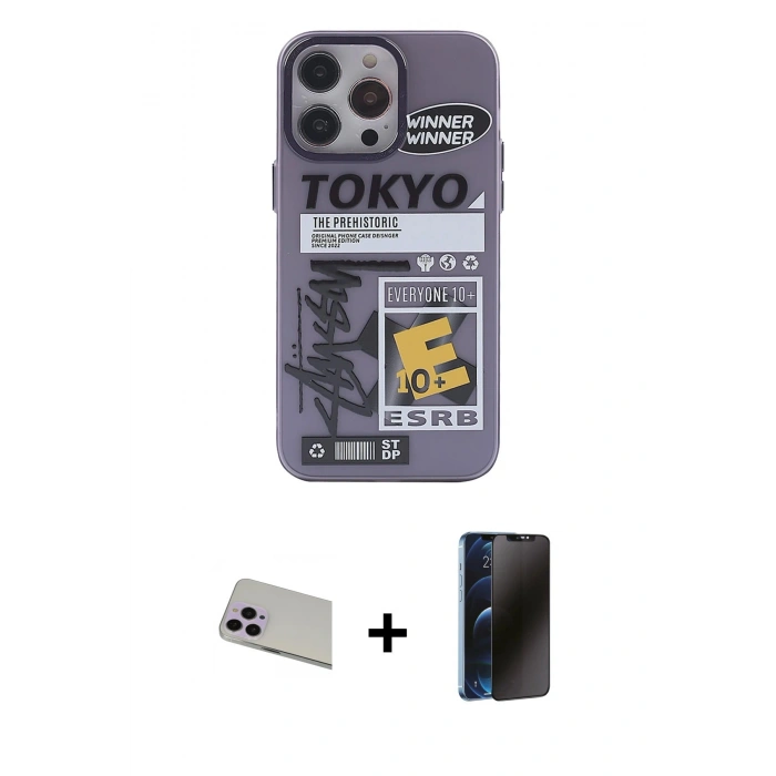 MARSİLYAN™- iPhone 13 Pro Max Kılıf Zirve Form Özel Seri - Siyah 3D Antistatik Hayalet Cam Ekran Koruyucu + Rainbow Kamera Lens Koruma Cam - MR