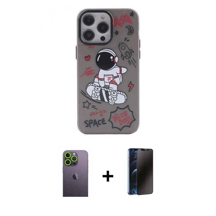 MARSİLYAN™- iPhone 13 Pro Max Kılıf Zirve Form Özel Seri - Siyah 3D Antistatik Hayalet Cam Ekran Koruyucu + Neon Fosforlu Kamera Lens - YL