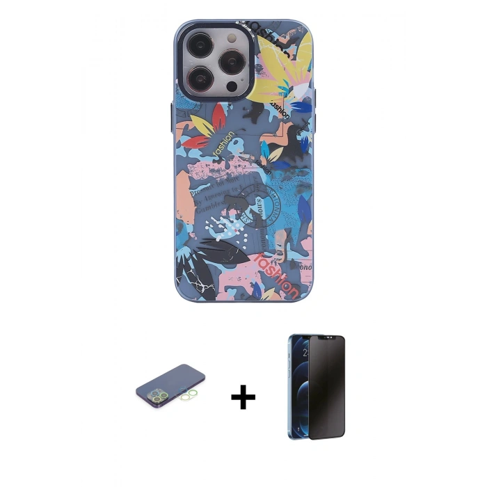 MARSİLYAN™- iPhone 13 Pro Max Kılıf Zirve Form Özel Seri - Siyah 3D Antistatik Hayalet Cam Ekran Koruyucu + Renkli Kamera Lens Koruma Cam - YL