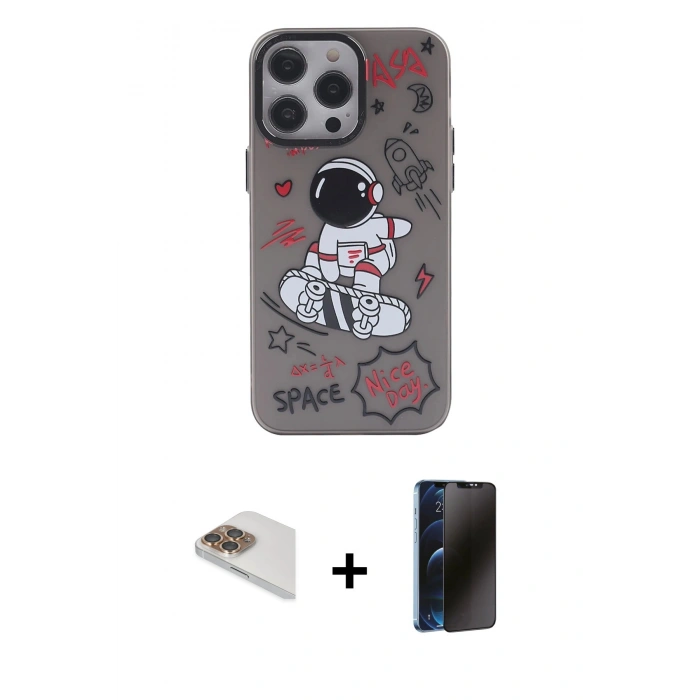 MARSİLYAN™- iPhone 13 Pro Max Kılıf Zirve Form Özel Seri - Siyah 3D Antistatik Hayalet Cam Ekran Koruyucu + Pers Alüminyum Kamera Lens - GD