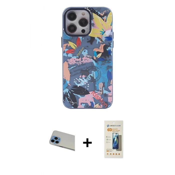 MARSİLYAN™- iPhone 13 Pro Max Kılıf Zirve Form Özel Seri - Siyah 6D Mat Seramik Hayalet Nano Ekran Koruyucu + Rainbow Kamera Lens Koruma Cam - MI