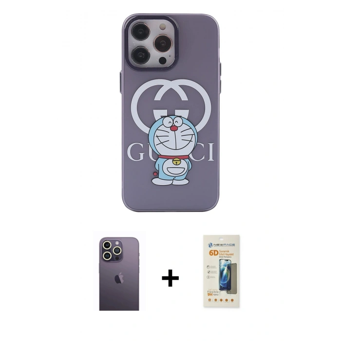 MARSİLYAN™- iPhone 13 Pro Max Kılıf Zirve Form Özel Seri - Siyah 6D Mat Seramik Hayalet Nano Ekran Koruyucu + Neon Fosforlu Kamera Lens - BZ