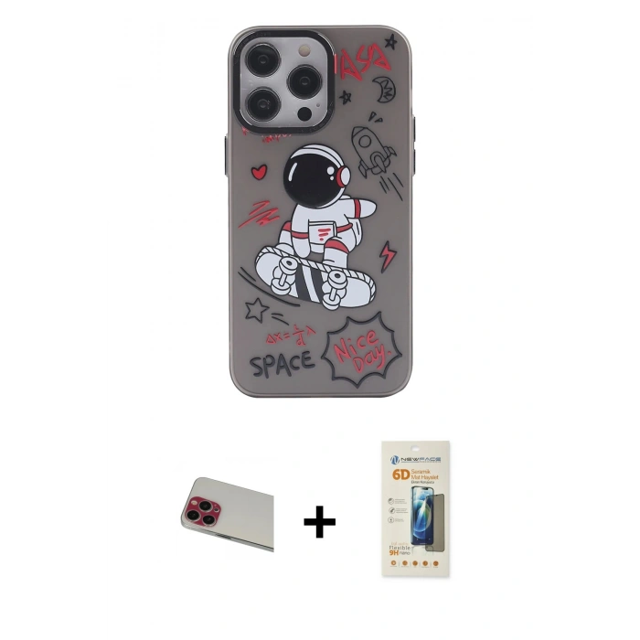 MARSİLYAN™- iPhone 13 Pro Max Kılıf Zirve Form Özel Seri - Siyah 6D Mat Seramik Hayalet Nano Ekran Koruyucu + Rainbow Kamera Lens Koruma Cam - KI