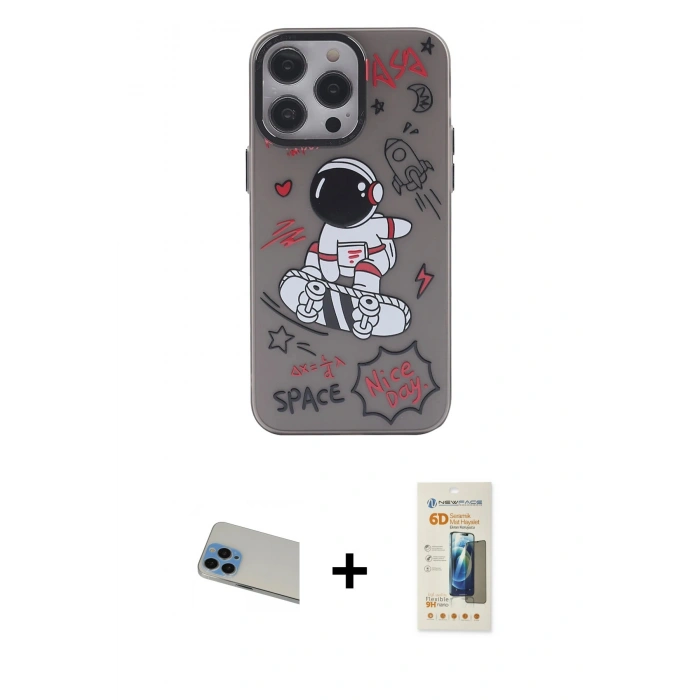 MARSİLYAN™- iPhone 13 Pro Max Kılıf Zirve Form Özel Seri - Siyah 6D Mat Seramik Hayalet Nano Ekran Koruyucu + Rainbow Kamera Lens Koruma Cam - MI