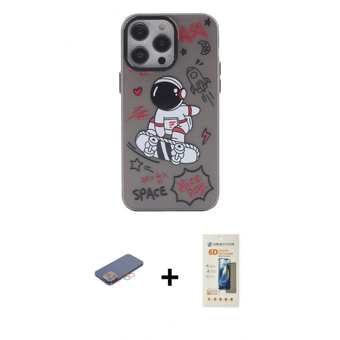MARSİLYAN™- iPhone 13 Pro Max Kılıf Zirve Form Özel Seri - Siyah 6D Mat Seramik Hayalet Nano Ekran Koruyucu + Renkli Kamera Lens Koruma Cam - PE