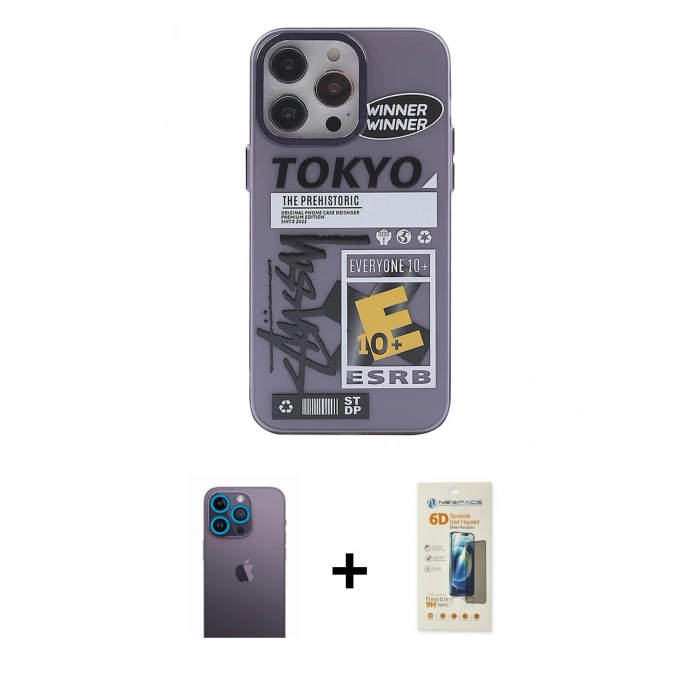 MARSİLYAN™- iPhone 13 Pro Max Kılıf Zirve Form Özel Seri - Siyah 6D Mat Seramik Hayalet Nano Ekran Koruyucu + Neon Fosforlu Kamera Lens - MI