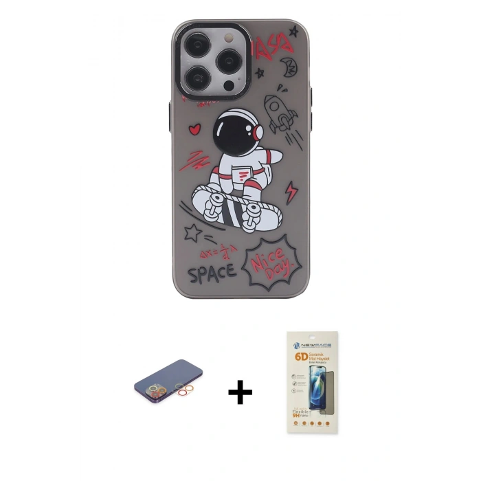 MARSİLYAN™- iPhone 13 Pro Max Kılıf Zirve Form Özel Seri - Siyah 6D Mat Seramik Hayalet Nano Ekran Koruyucu + Renkli Kamera Lens Koruma Cam - TU