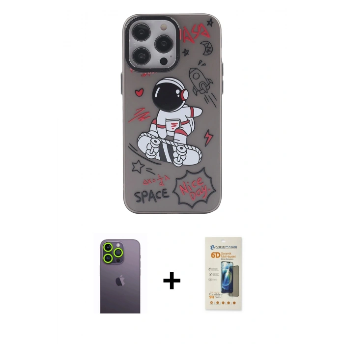 MARSİLYAN™- iPhone 13 Pro Max Kılıf Zirve Form Özel Seri - Siyah 6D Mat Seramik Hayalet Nano Ekran Koruyucu + Yeşil Neon Fosforlu Kamera Lens