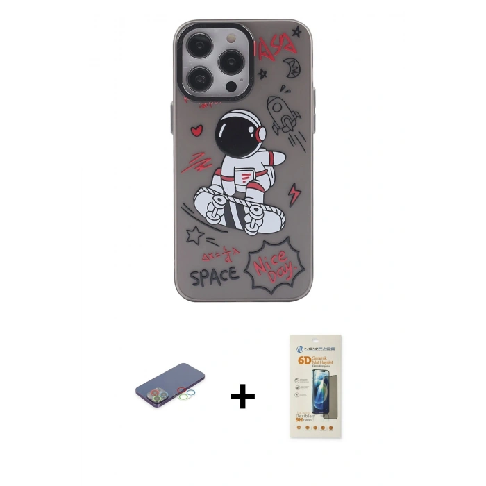 MARSİLYAN™- iPhone 13 Pro Max Kılıf Zirve Form Özel Seri - Siyah 6D Mat Seramik Hayalet Nano Ekran Koruyucu + Renkli Kamera Lens Koruma Cam - MI