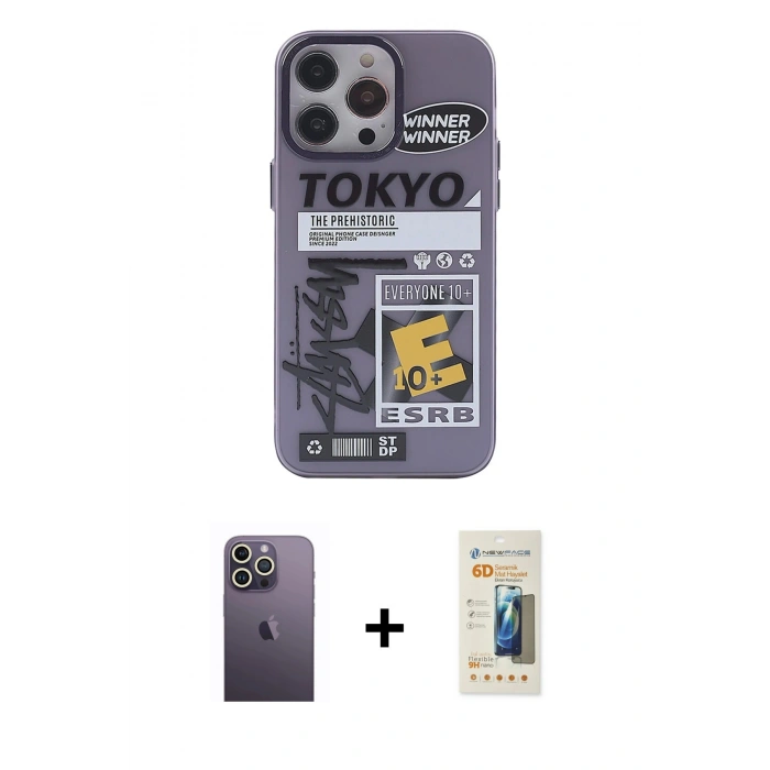 MARSİLYAN™- iPhone 13 Pro Max Kılıf Zirve Form Özel Seri - Siyah 6D Mat Seramik Hayalet Nano Ekran Koruyucu + Neon Fosforlu Kamera Lens - BZ