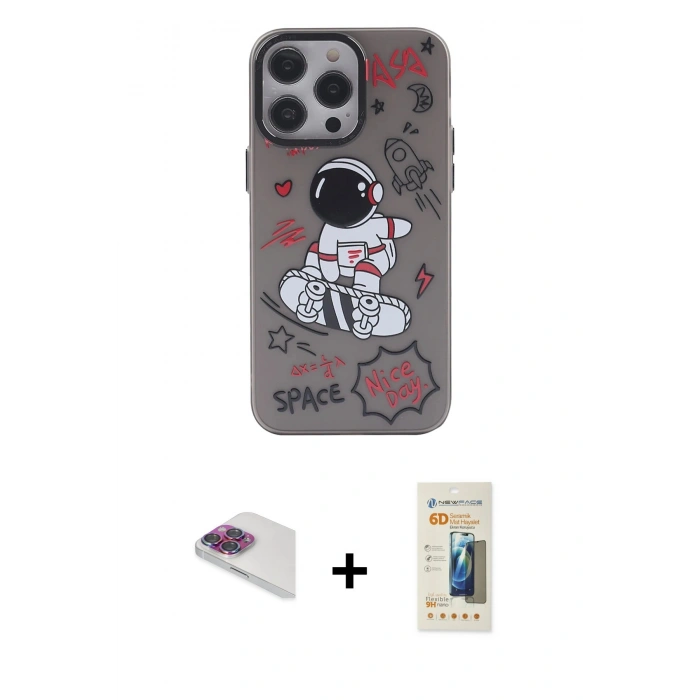 MARSİLYAN™- iPhone 13 Pro Max Kılıf Zirve Form Özel Seri - Siyah 6D Mat Seramik Hayalet Nano Ekran Koruyucu + Gökkuşağı Pers Alüminyum Kamera Lens
