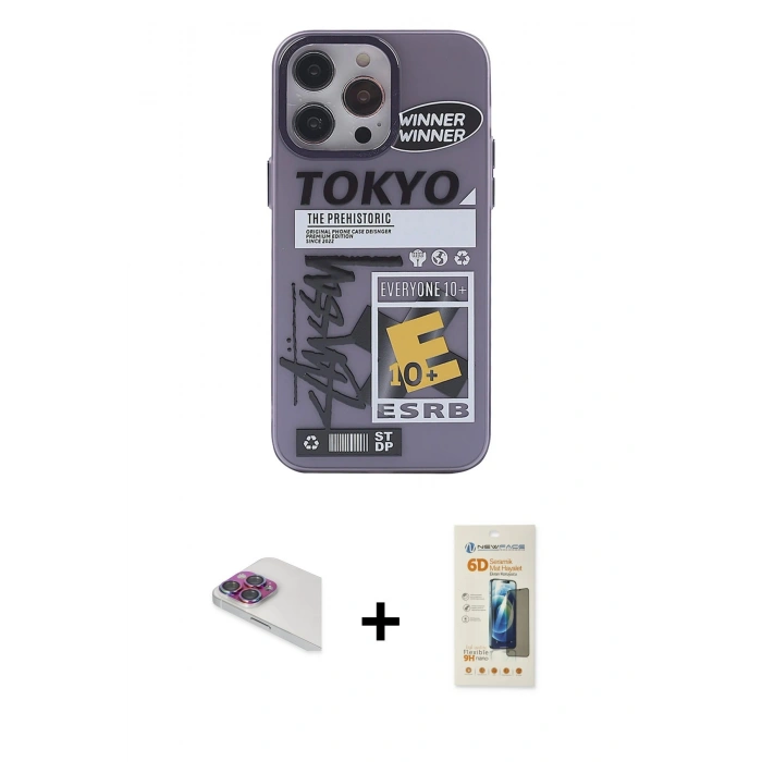 MARSİLYAN™- iPhone 13 Pro Max Kılıf Zirve Form Özel Seri - Siyah 6D Mat Seramik Hayalet Nano Ekran Koruyucu + Gökkuşağı Pers Alüminyum Kamera Lens