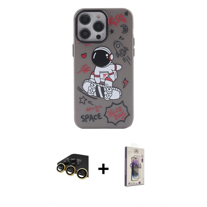 MARSİLYAN™- iPhone 13 Pro Max Kılıf Zirve Form Özel Seri - Siyah Bilvis 3D Cam Ekran Koruyucu + Raze Metal Kamera Lens - GD