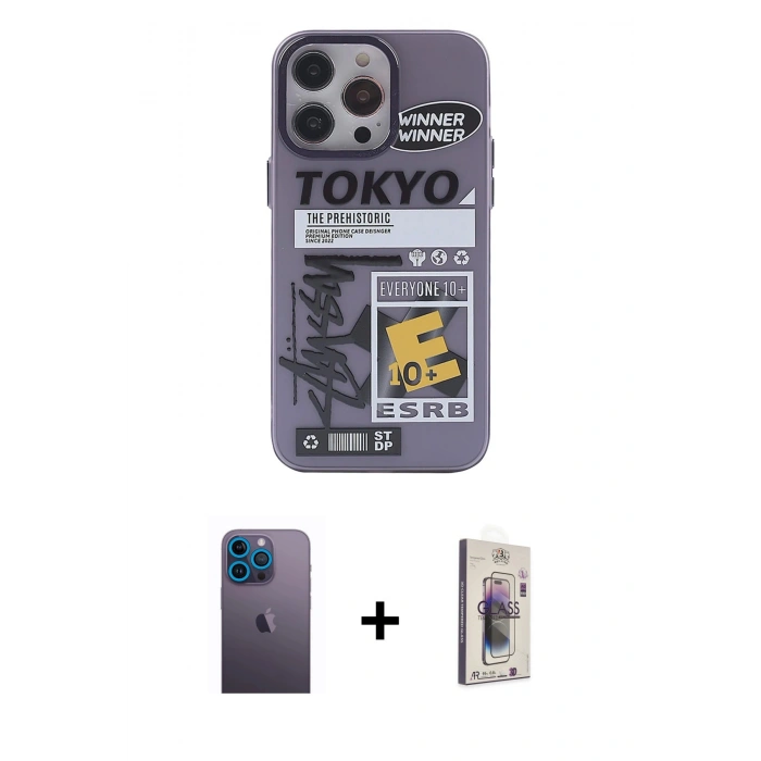 MARSİLYAN™- iPhone 13 Pro Max Kılıf Zirve Form Özel Seri - Siyah Bilvis 3D Cam Ekran Koruyucu + Mavi Neon Fosforlu Kamera Lens