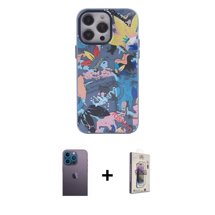 MARSİLYAN™- iPhone 13 Pro Max Kılıf Zirve Form Özel Seri - Siyah Bilvis 3D Cam Ekran Koruyucu + Mavi Neon Fosforlu Kamera Lens