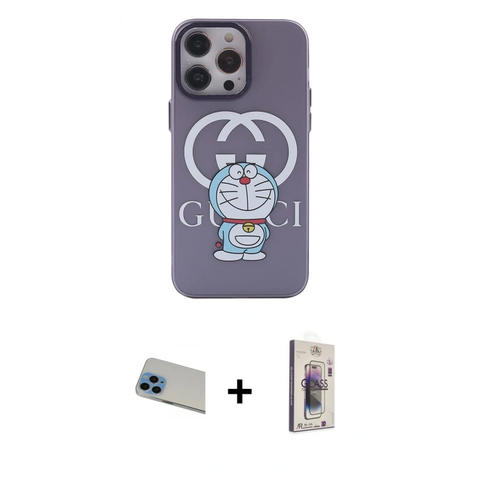 MARSİLYAN™- iPhone 13 Pro Max Kılıf Zirve Form Özel Seri - Siyah Bilvis 3D Cam Ekran Koruyucu + Mavi Rainbow Kamera Lens Koruma Cam