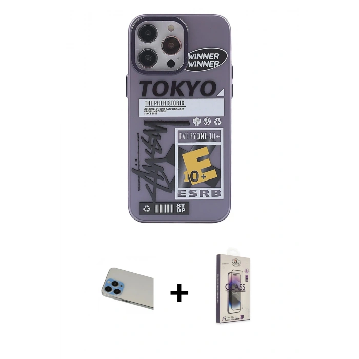 MARSİLYAN™- iPhone 13 Pro Max Kılıf Zirve Form Özel Seri - Siyah Bilvis 3D Cam Ekran Koruyucu + Mavi Rainbow Kamera Lens Koruma Cam