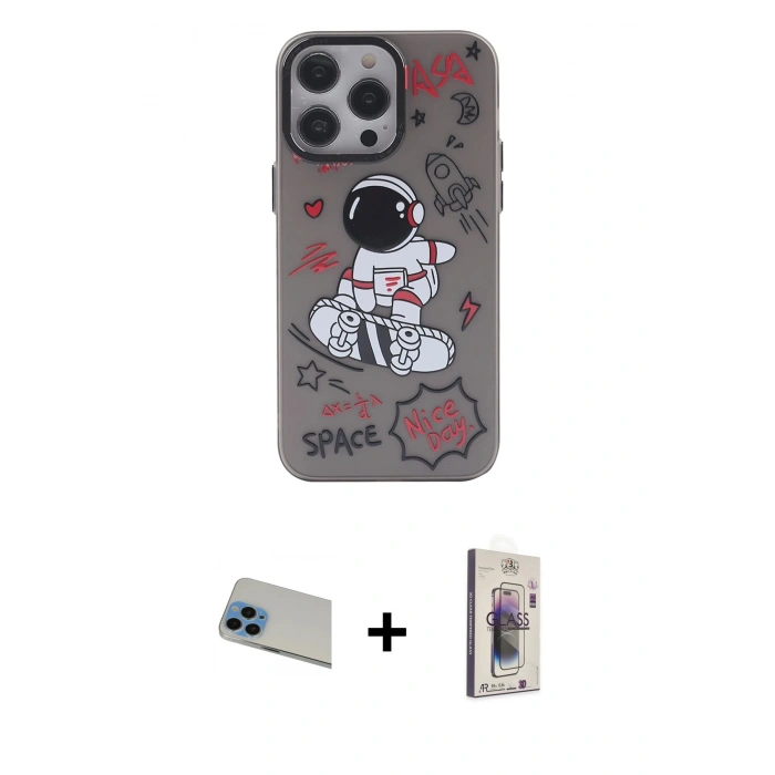 MARSİLYAN™- iPhone 13 Pro Max Kılıf Zirve Form Özel Seri - Siyah Bilvis 3D Cam Ekran Koruyucu + Mavi Rainbow Kamera Lens Koruma Cam