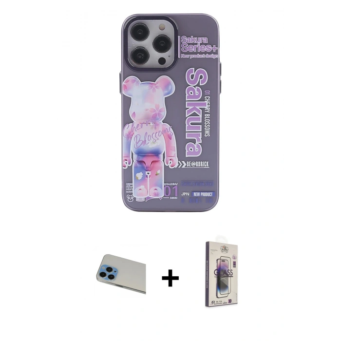 MARSİLYAN™- iPhone 13 Pro Max Kılıf Zirve Form Özel Seri - Siyah Bilvis 3D Cam Ekran Koruyucu + Mavi Rainbow Kamera Lens Koruma Cam