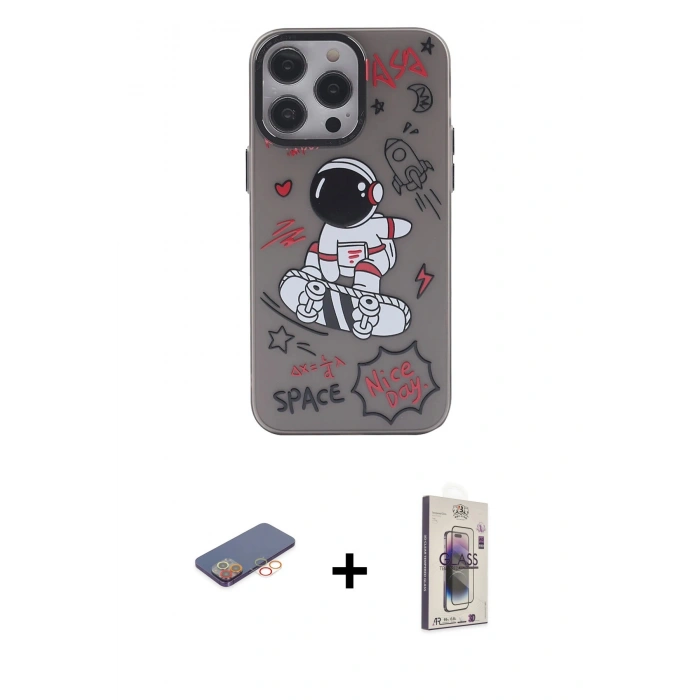 MARSİLYAN™- iPhone 13 Pro Max Kılıf Zirve Form Özel Seri - Siyah Bilvis 3D Cam Ekran Koruyucu + Renkli Kamera Lens Koruma Cam - TU