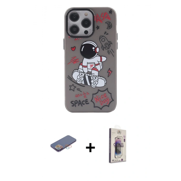 MARSİLYAN™- iPhone 13 Pro Max Kılıf Zirve Form Özel Seri - Siyah Bilvis 3D Cam Ekran Koruyucu + Renkli Kamera Lens Koruma Cam - PE