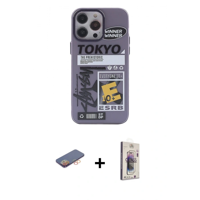 MARSİLYAN™- iPhone 13 Pro Max Kılıf Zirve Form Özel Seri - Siyah Bilvis 3D Cam Ekran Koruyucu + Renkli Kamera Lens Koruma Cam - TU