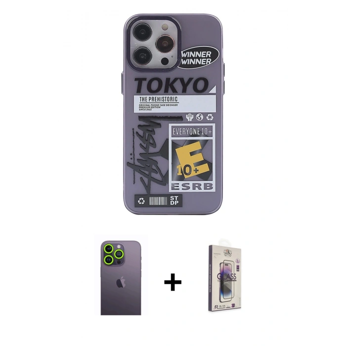 MARSİLYAN™- iPhone 13 Pro Max Kılıf Zirve Form Özel Seri - Siyah Bilvis 3D Cam Ekran Koruyucu + Yeşil Neon Fosforlu Kamera Lens