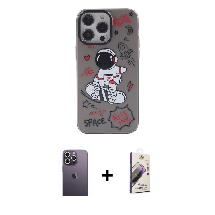 MARSİLYAN™- iPhone 13 Pro Max Kılıf Zirve Form Özel Seri - Siyah Bilvis 3D Mat Cam Ekran Koruyucu + Neon Fosforlu Kamera Lens - BZ
